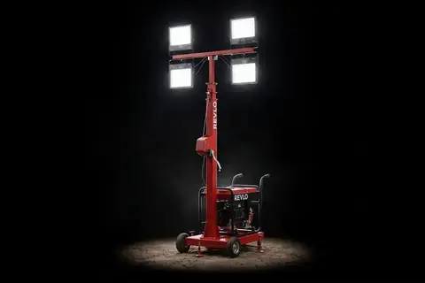 Torre de iluminação Revlo RV 2400 acesa à noite