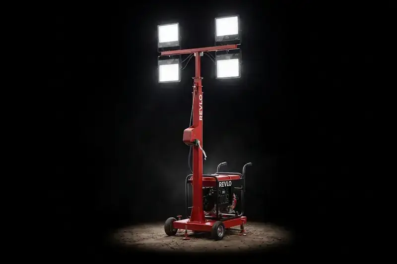 Torre de iluminação portátil Revlo RV 2400 acesa à noite