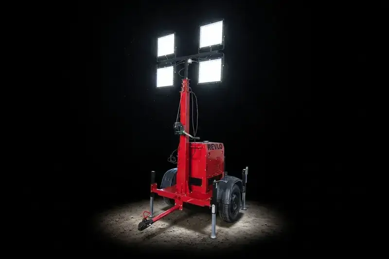 Torre de iluminação Revlo RV 4000 de 4.000 W acesa em obra noturna